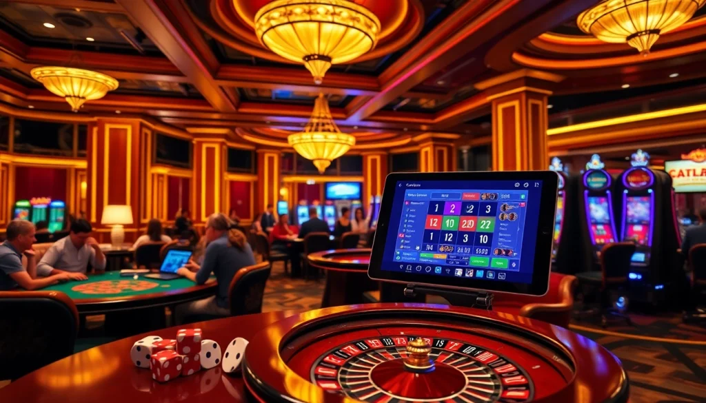 Engaging gambling scene featuring luxury casino elements like roulette, cards, and online interfaces at http://dolaris.ru.com/.