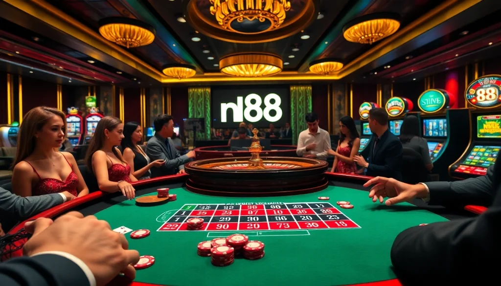 Gamblers experiencing excitement at a luxurious casino roulette table, featuring nh88 branding elements.