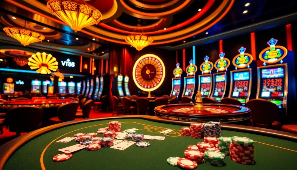 Engage in exciting games at vt88 casino with colorful poker chips and a spinning roulette wheel.