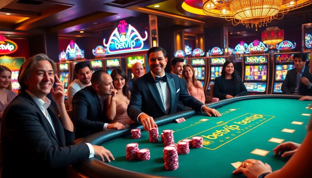Thu hút người chơi poker và những máy đánh bạc sinh động thể hiện trải nghiệm BetVIP trong một casino sang trọng.