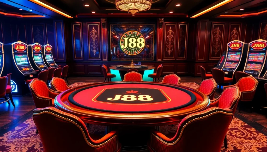 Exciting J88 casino table surrounded by luxury decor and vibrant gaming elements.