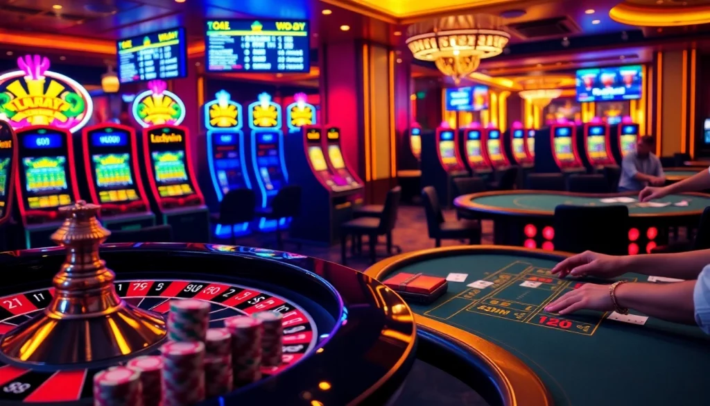 Experience the excitement of gambling at Luckywin's luxurious casino, with vibrant poker tables and roulette wheels.