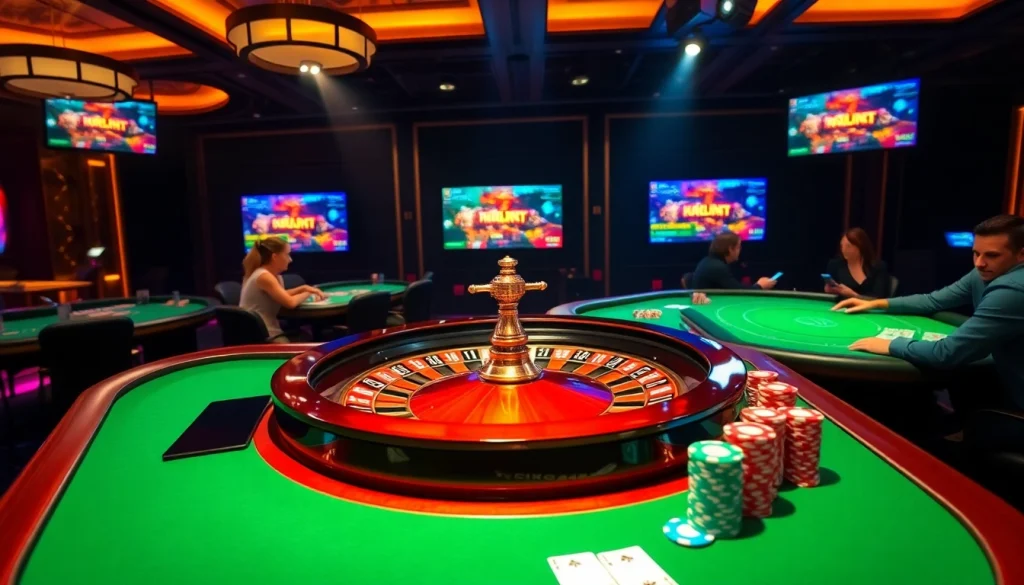 Exciting gambling atmosphere featuring rr88 kjc roulette and poker action in a luxury casino.