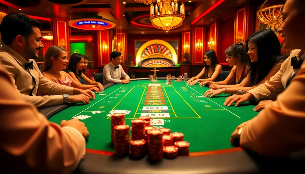 J88 poker table fills a luxurious casino scene, featuring engaged players and vibrant atmosphere.