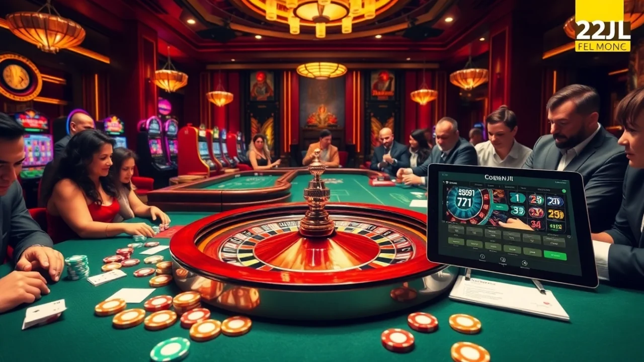 Excited players engaging with casino games at 22JL, featuring vibrant slot machines and roulette.