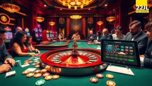 Excited players engaging with casino games at 22JL, featuring vibrant slot machines and roulette.