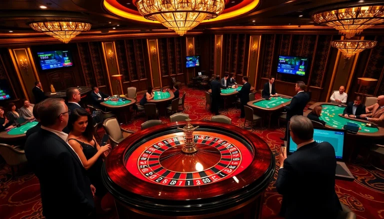 Experience gg88 live gaming with players at a luxurious casino table, enjoying vibrant roulette and poker games.