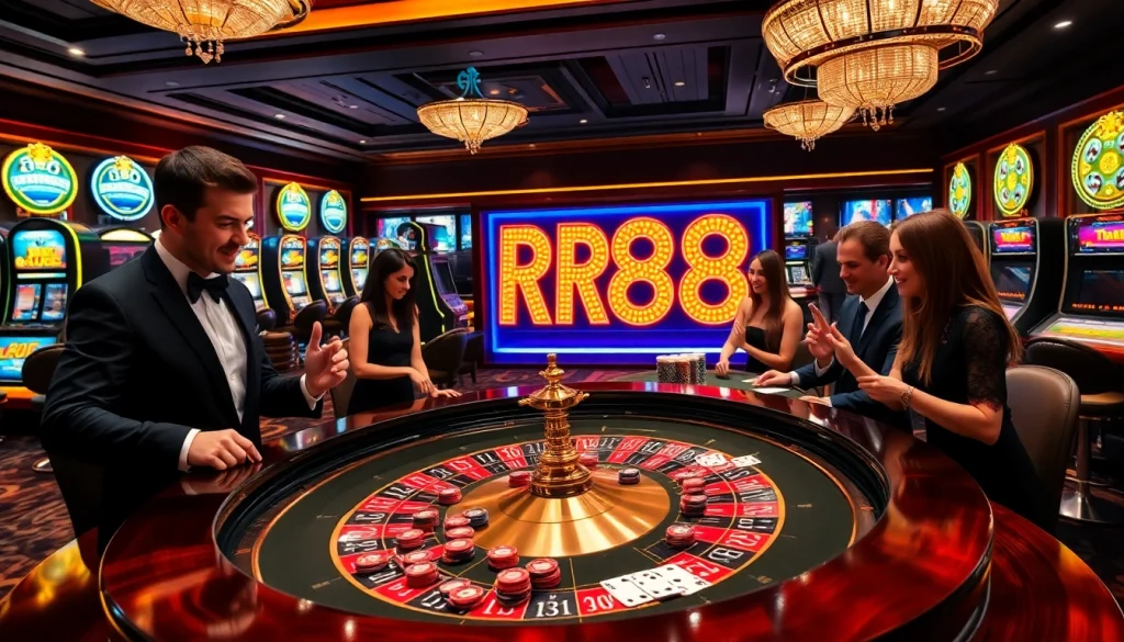 Experience luxury gaming with RR88 at an elegant roulette table, vibrant chips, and engaged players.