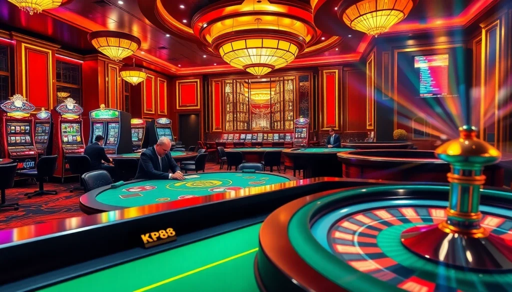 Exciting casino scene with poker tables and slot machines at kp88 com for an immersive gambling experience