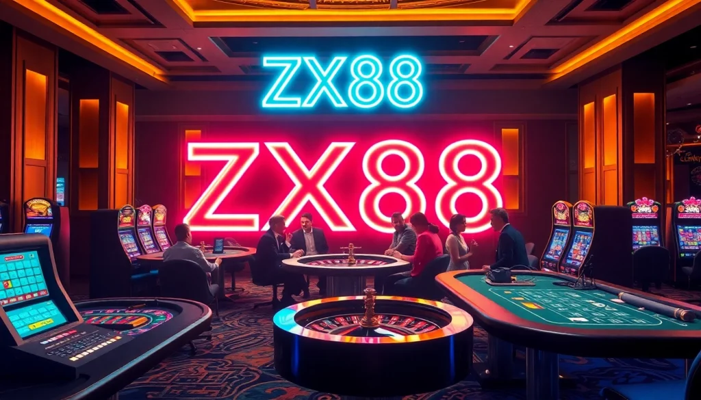 Experience high-stakes excitement at the ZX88 casino with vibrant gaming tables and illuminated slots.