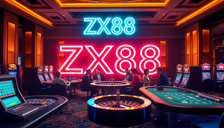 Experience high-stakes excitement at the ZX88 casino with vibrant gaming tables and illuminated slots.