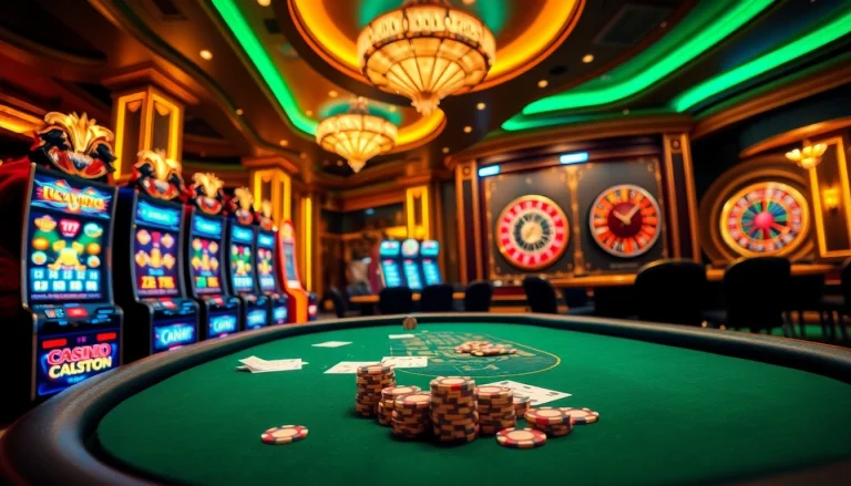 Players enjoying poker and slot machines at NOHU90 online casino, embodying excitement and luxury.
