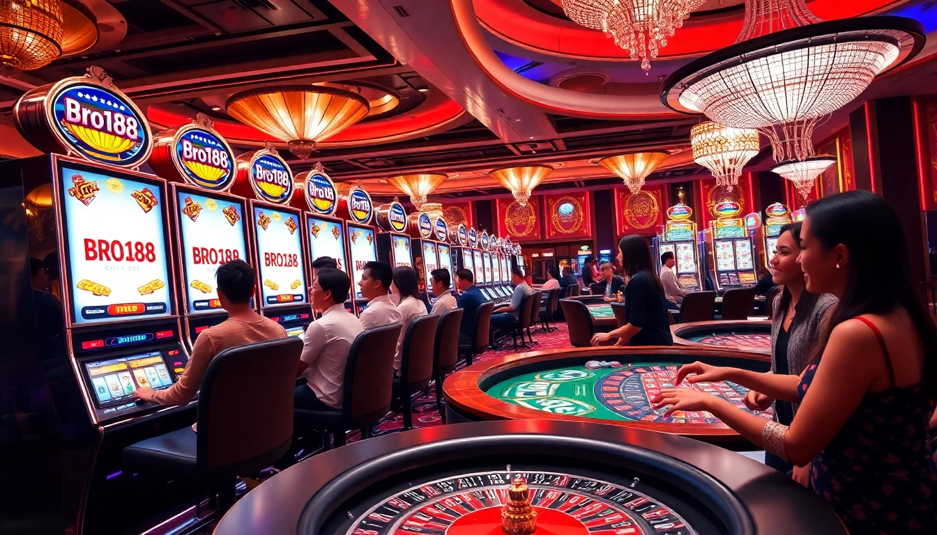 Experience Bro138 excitement with players at a luxurious casino enjoying slot games.