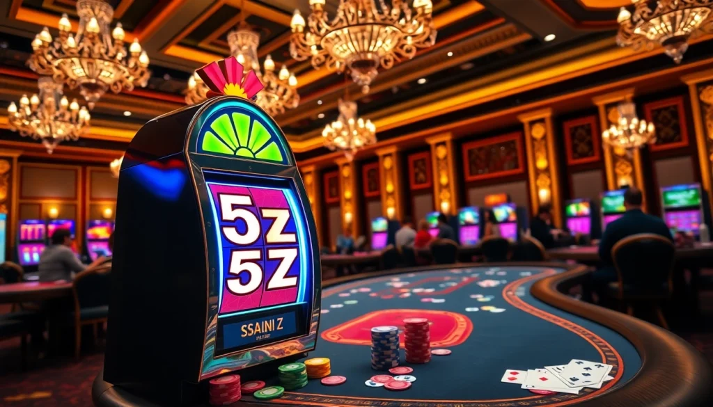 Experience the excitement at 5z777 with an elegant casino scene showcasing vibrant slot machines and poker action.