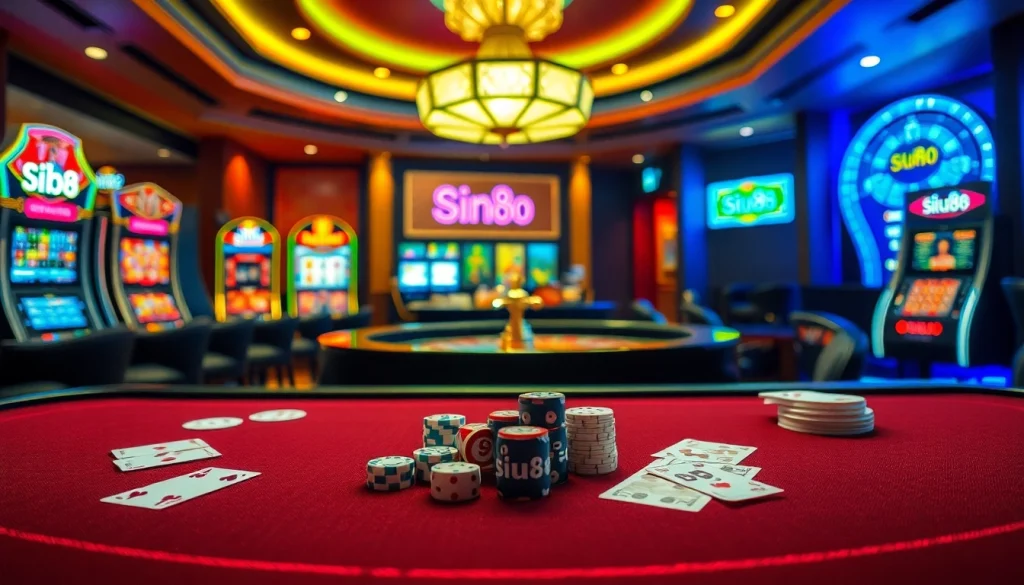 siu88 casino table with poker chips, vibrant slot machines, and roulette wheel amidst a flashy gaming atmosphere