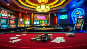siu88 casino table with poker chips, vibrant slot machines, and roulette wheel amidst a flashy gaming atmosphere