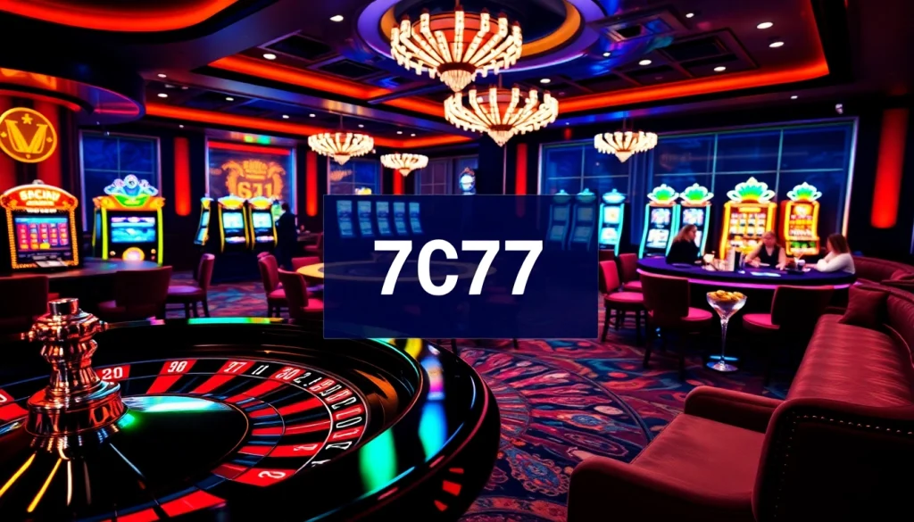 Exciting gaming action at 7C77 casino with roulette wheel and poker table.