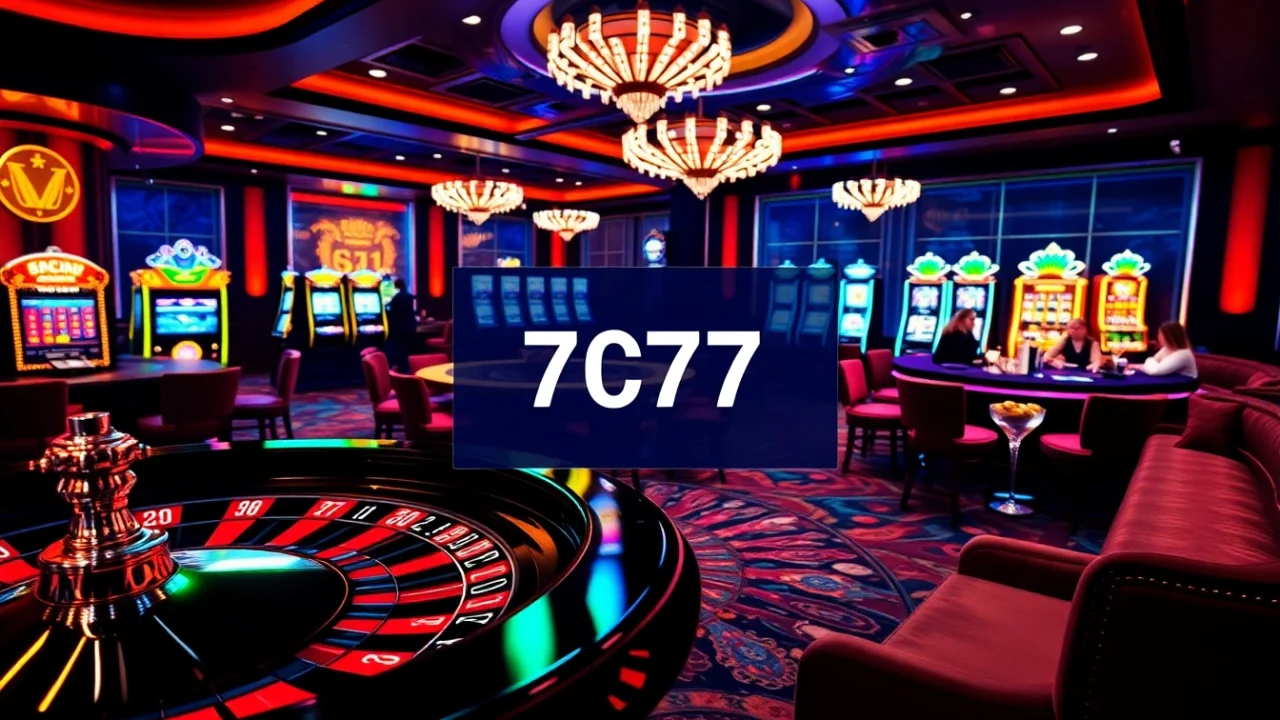 Exciting gaming action at 7C77 casino with roulette wheel and poker table.