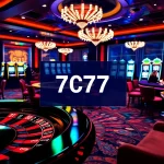 Exciting gaming action at 7C77 casino with roulette wheel and poker table.