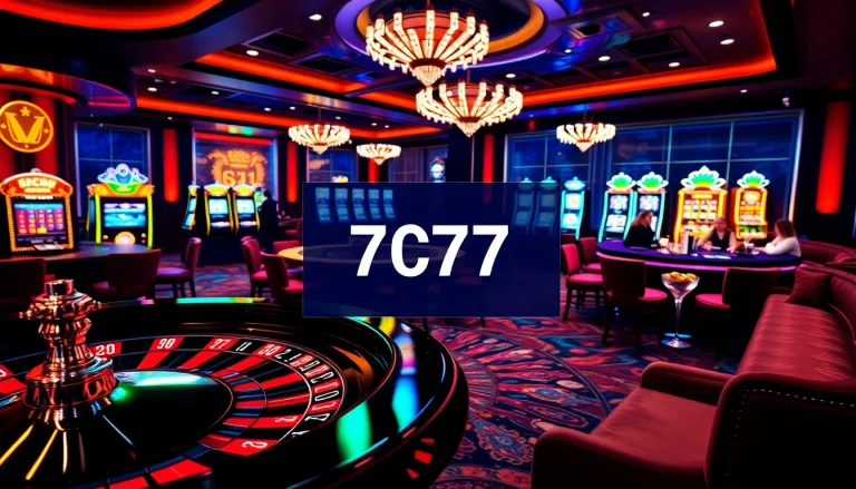 Exciting gaming action at 7C77 casino with roulette wheel and poker table.