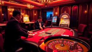 Gamblers enjoying thrilling games at Luckywin casino with vibrant lights and luxurious ambiance.