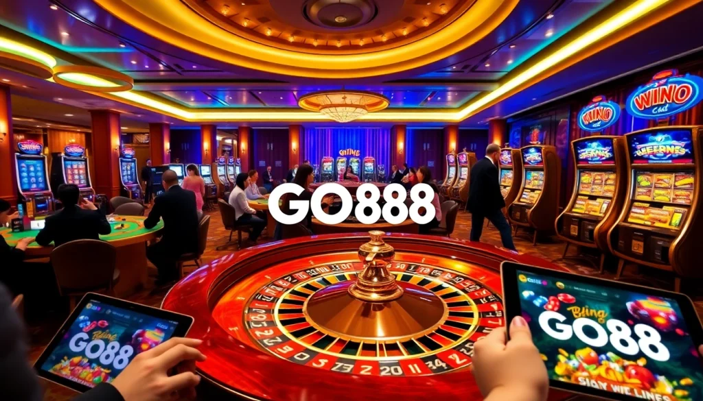 Players enjoy an exciting gambling experience at GO88 casino, with vibrant slot machines and roulette tables.