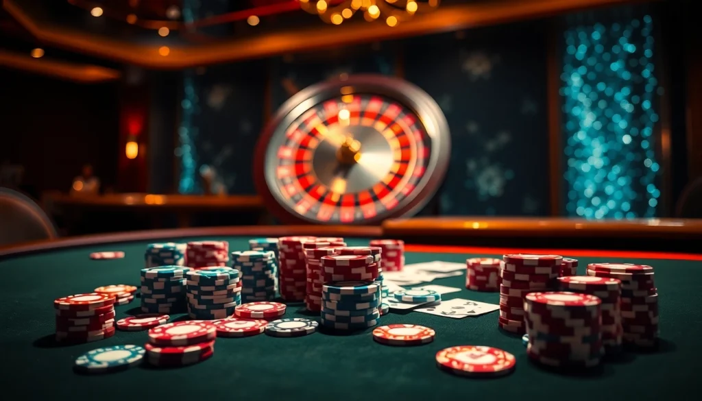 Engage in the thrill of poker at king33.io with vibrant chips and an elegant casino atmosphere.