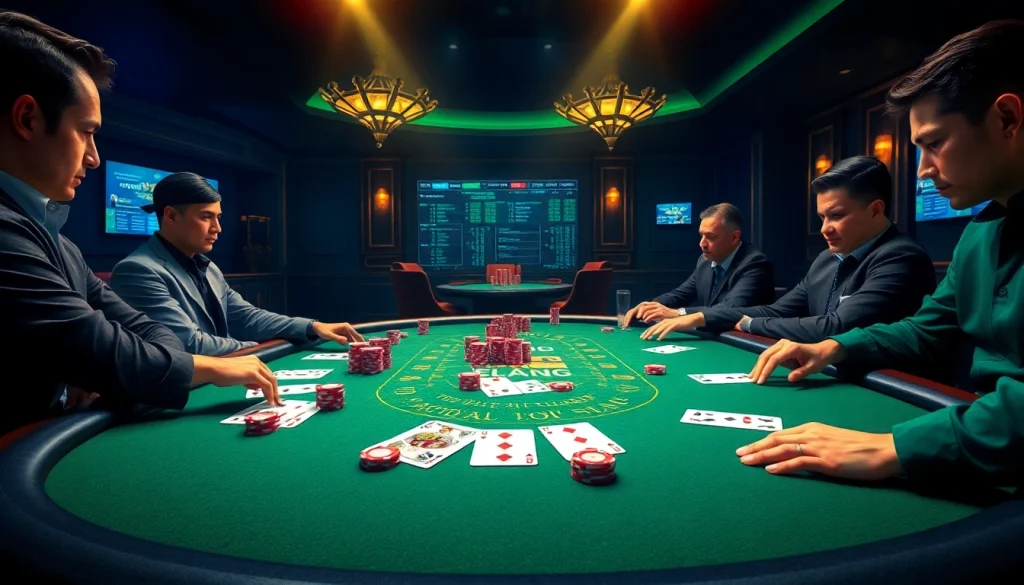 Exciting poker scene depicting Daftar Modal138 with vibrant poker chips and focused players.