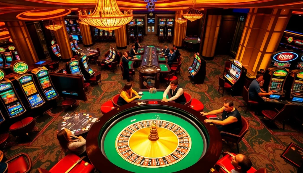 Experience the vibrant atmosphere at RR88 Casino with lively roulette and slot games.