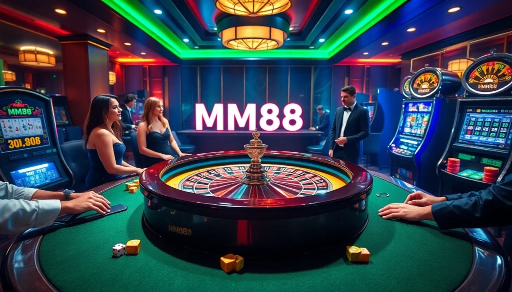 Players enjoying a thrilling roulette game at MM88 Casino with vibrant surroundings.