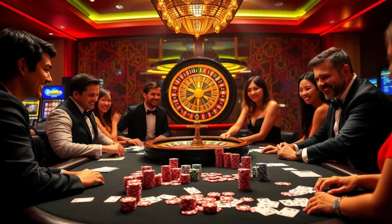 Exciting scene at https://mm88.observer/ showcasing poker players and roulette action at a luxurious casino.