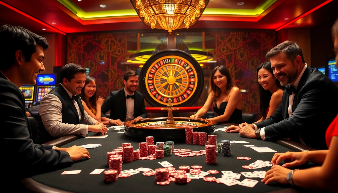Exciting scene at https://mm88.observer/ showcasing poker players and roulette action at a luxurious casino.