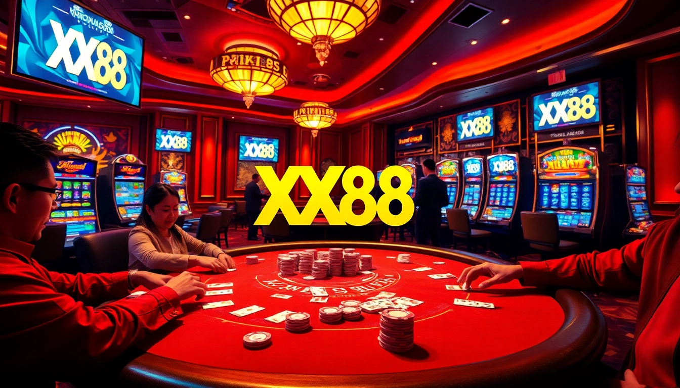 Engage with thrilling games at nhà cái XX88, featuring vibrant poker tables and slot machines.