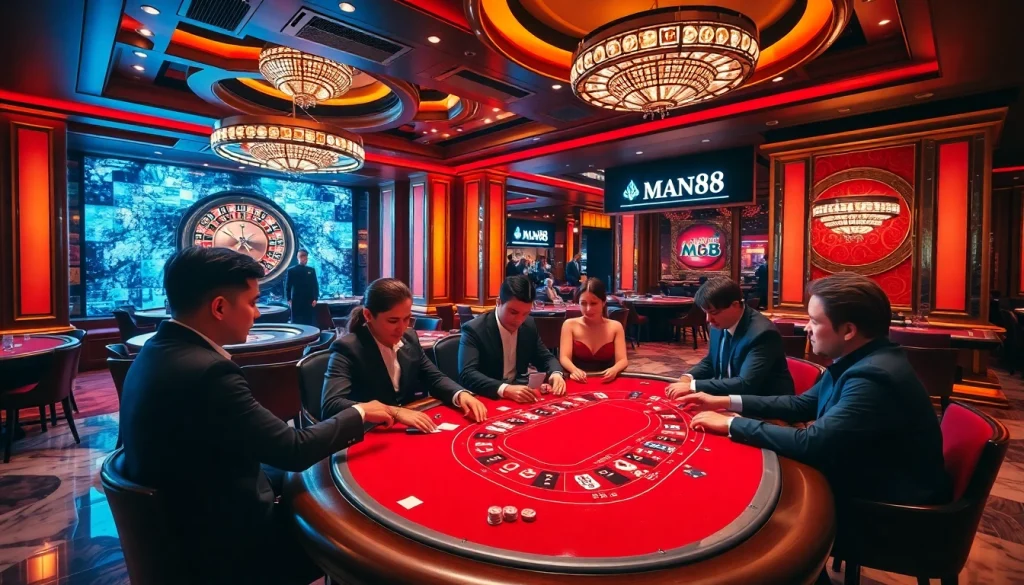 Experience the thrilling atmosphere of Man88's luxurious casino with engaged players and high-stakes action.