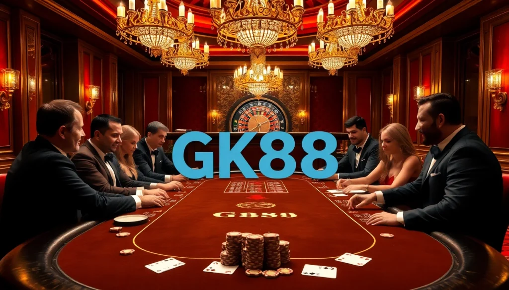 Experience high-stakes gambling at GK88 with vibrant poker tables and chips.