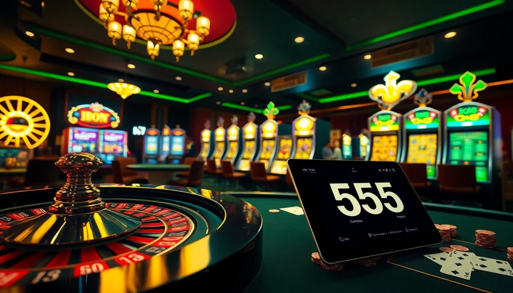 Experience high-stakes action at BL555's vibrant casino with roulette wheels and engaging players.