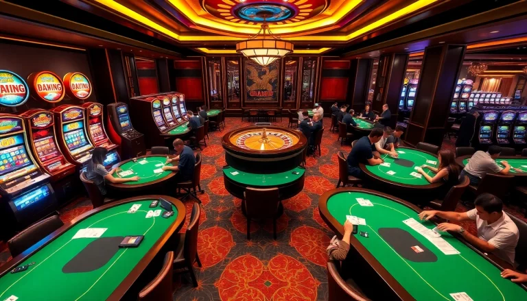 Engage in thrilling games at Trang Chủ OKWIN’s vibrant casino atmosphere featuring poker and slot machines.