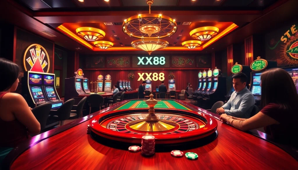 Experience the excitement of online gambling at XX88 with vibrant casino gaming elements.