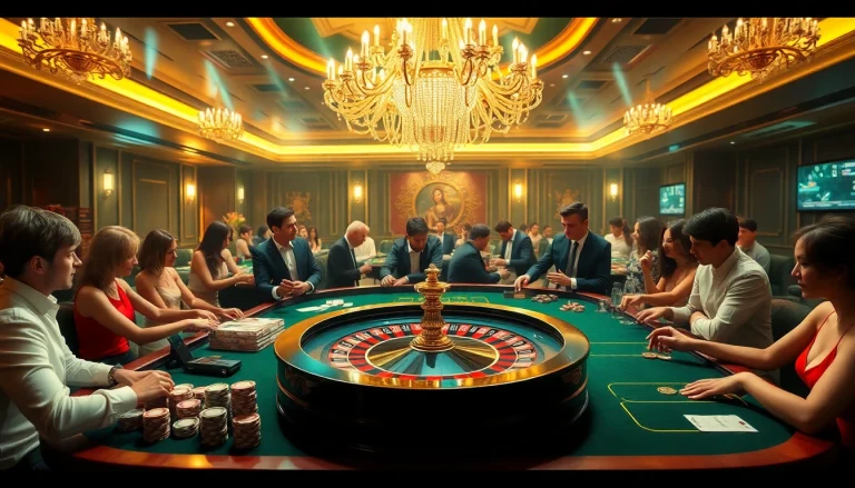MK8 gaming table with vibrant players celebrating wins in a luxurious casino atmosphere.