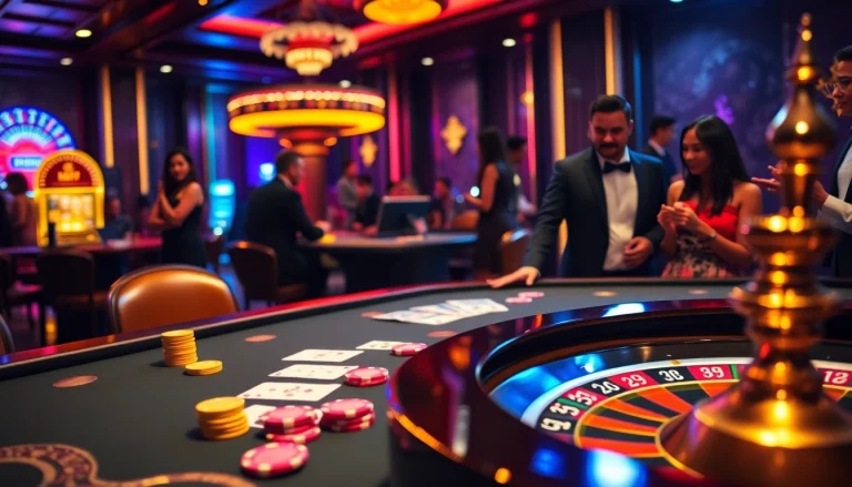 Players enjoying a thrilling casino experience at NOHU90 with poker chips and vibrant gaming tables.