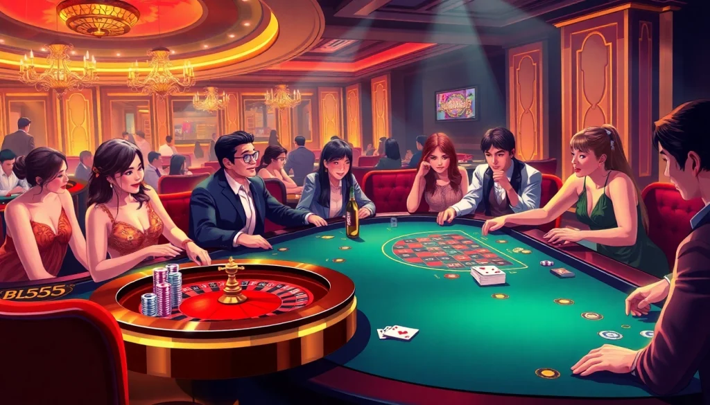Excited players engaging in high-stakes gaming at BL555 casino tables with cards and chips.