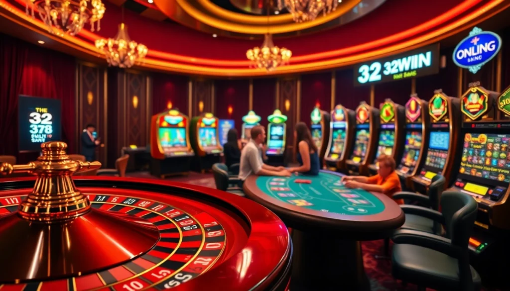Play exciting casino games at 32WIN, featuring roulette, poker, and vibrant slot machines.