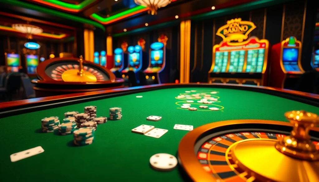 Players engaging in online gambling at rikvip, with poker chips and a roulette wheel for excitement.