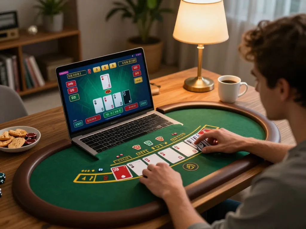 Engaged user playing blackjack online at home with goal123 ac displayed on laptop screen.