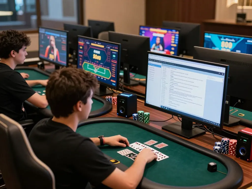 Player engaging with 68win online poker interface on multiple screens while strategizing in a cozy gaming setup