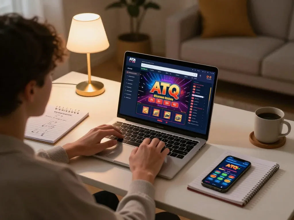 ATQ player enjoying online casino gaming on a laptop in a cozy home environment.