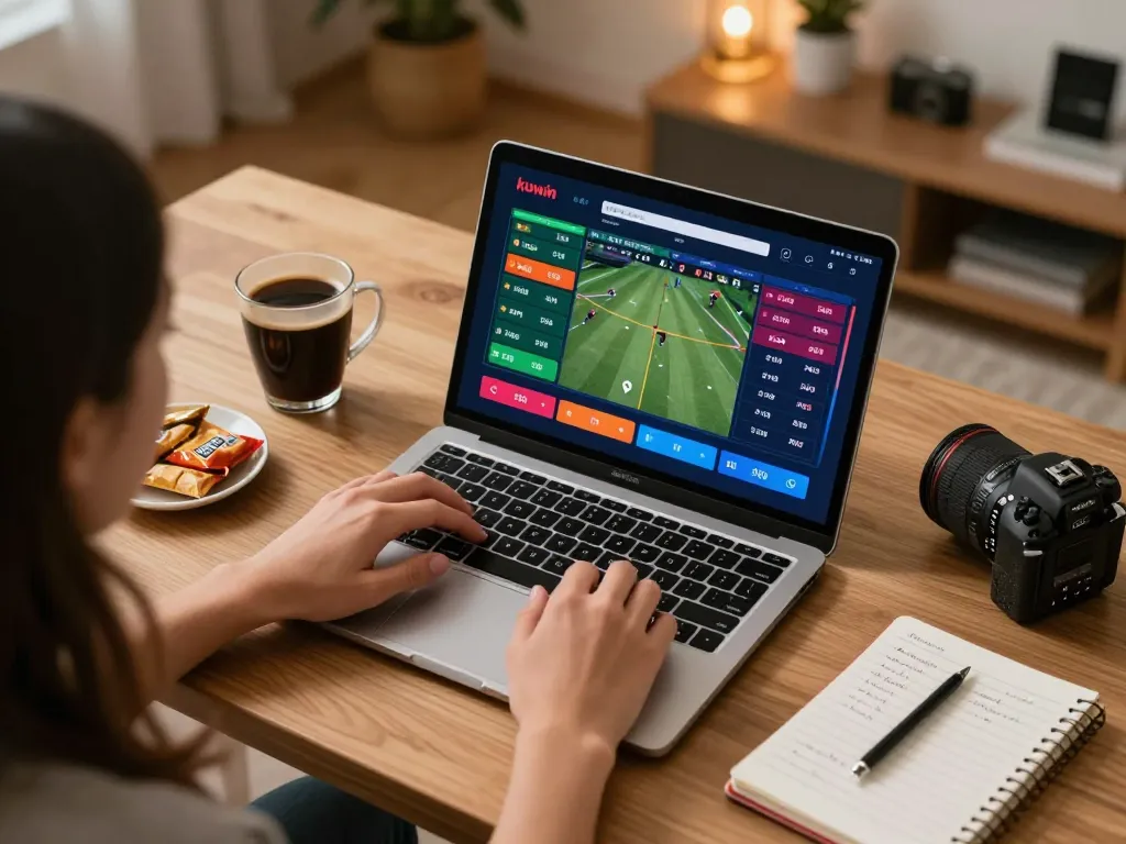 The kuwin platform showcased with a person placing bets on sports in a stylish home office, emphasizing responsible gambling.
