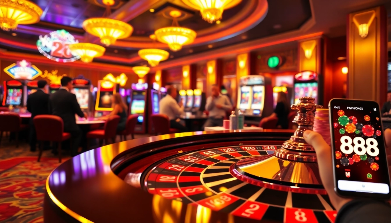Exciting scene showcasing NEW88 online casino with vibrant roulette table and thrilled players.