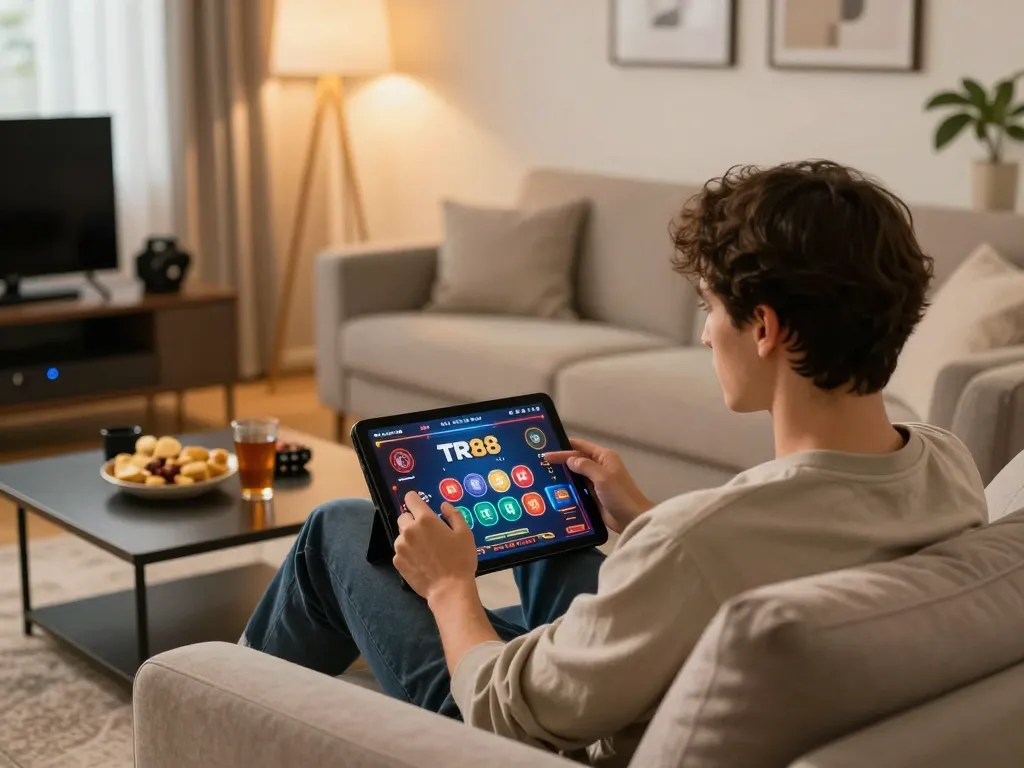 Player engaged in TR88 online casino game from the comfort of home, tablet showing colorful interface