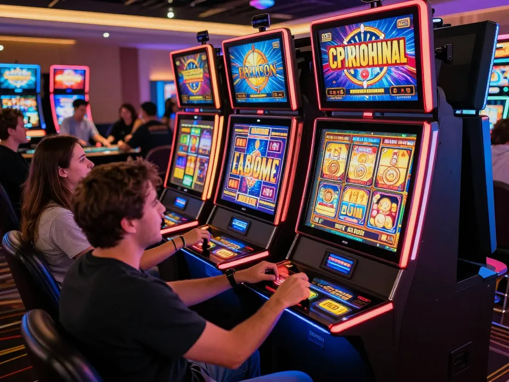 Pemain menikmati mesin slot berwarna-warni di suasana kasino yang meriah sambil berharap untuk menang besar